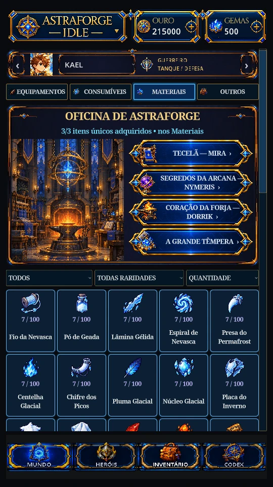 Menu real da Oficina com fabricação, refino e evolução