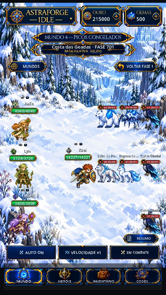 Captura real de batalha de Astraforge Idle com heróis enfrentando inimigos no Mundo 4