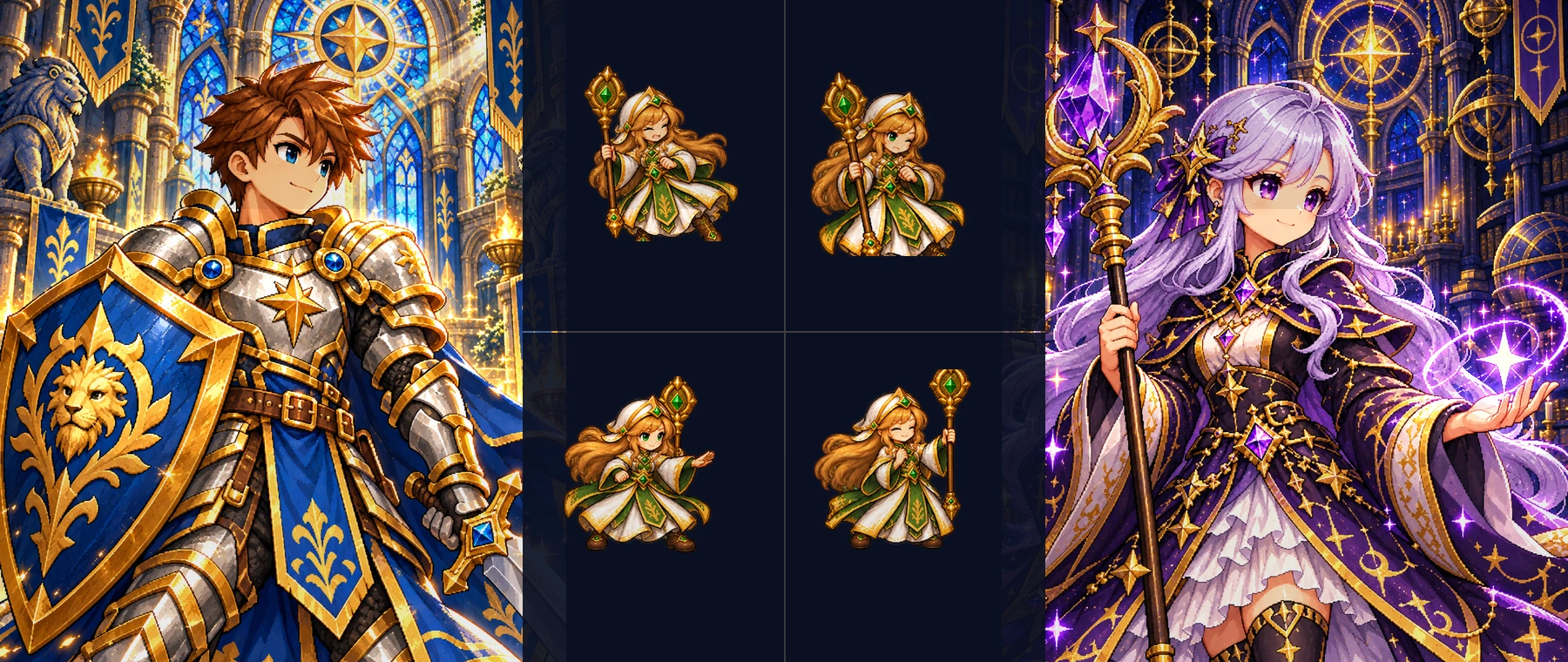 Banner do patch notes com Kael, Aelia e Mira usando ilustrações e sprites dos heróis