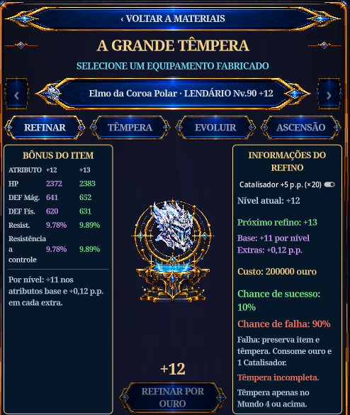 Refino lendário: custo e chance com Catalisador